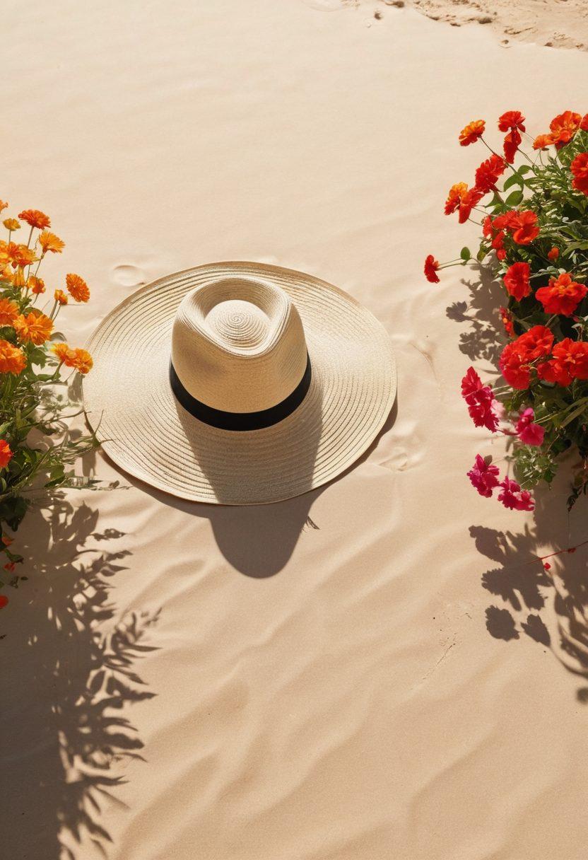 A sunlit beach with soft sand transitioning into a lush, vibrant garden filled with colorful flowers and sustainable plants. Include stylish summer fashion elements like a wide-brimmed hat and eco-friendly accessories on a lounge chair. Capture the essence of relaxation and sustainability blending harmoniously. vibrant colors. super-realistic. sunny atmosphere.