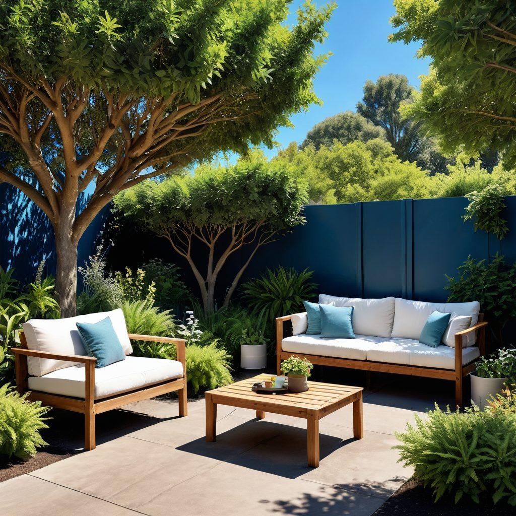 A serene outdoor scene showcasing a lush garden with various native trees thriving under a bright blue sky. Include eco-friendly gardening tools, a compost bin, and a cozy seating area with cushions made from recycled materials. Add people engaging in sustainable practices like planting and watering plants. Emphasize natural elements to highlight harmony with nature. vibrant colors. super-realistic. natural lighting.