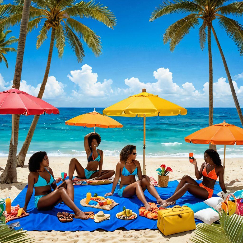 A vibrant beach scene showcasing diverse women of different body types wearing stylish, eco-friendly bikinis, surrounded by colorful beach umbrellas and sustainable beach gear. Include tropical palm trees, a sparkling ocean in the background, and a cozy picnic set up with reusable items for outdoor living. The atmosphere should radiate summer joy and sustainability. super-realistic. vibrant colors. bright blue sky.